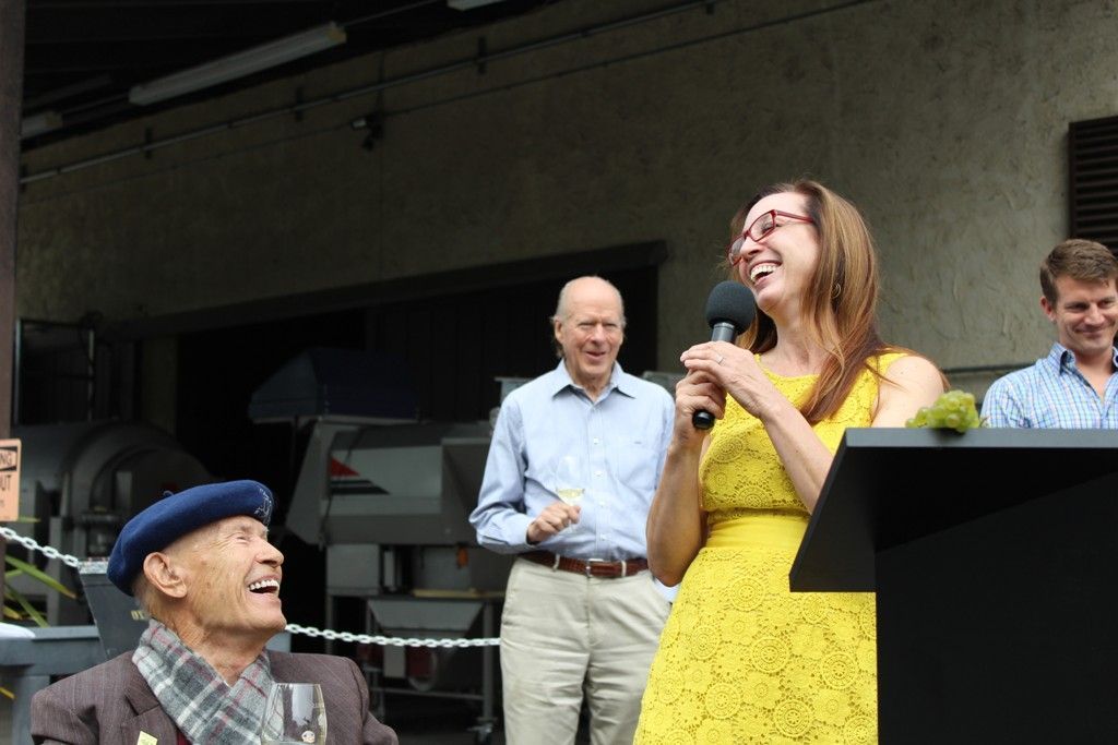 Miljenko "Mike" Grgich and daughter Violet Grgich sing to one another